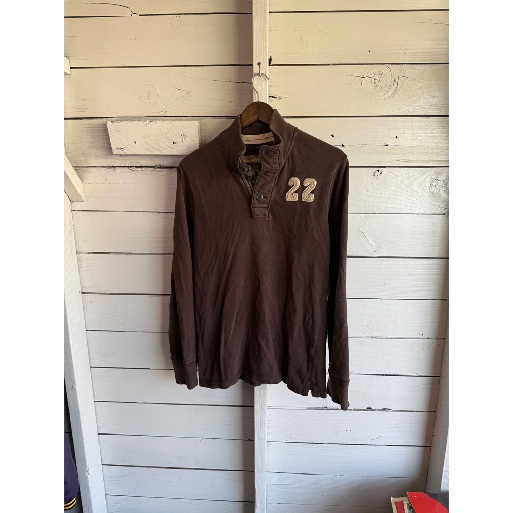 Hollister Mens Brown Long Sleeve Henley Mock Neck 22 Patch Shirt Medium